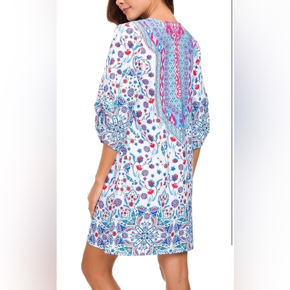 Women Bohemian Neck Tie Vintage Printed Ethnic Style Summer Shift Dress - Picture 6 of 7